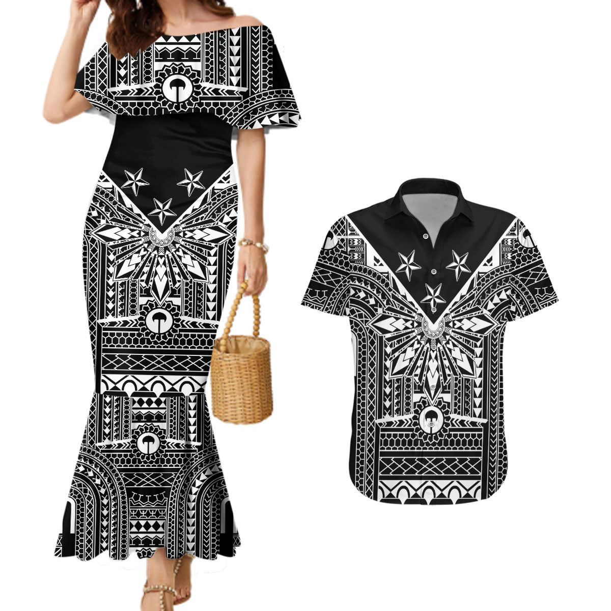 Black Philippines Sun Star Couples Matching Mermaid Dress and Hawaiian Shirt Igorot Tribal Inspiration