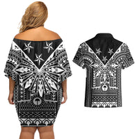 Black Philippines Sun Star Couples Matching Off Shoulder Short Dress and Hawaiian Shirt Igorot Tribal Inspiration