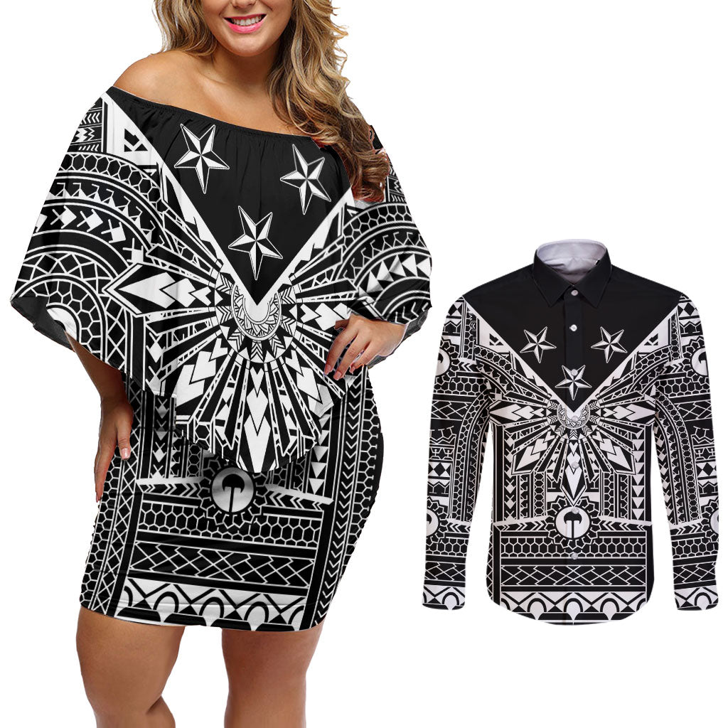 Black Philippines Sun Star Couples Matching Off Shoulder Short Dress and Long Sleeve Button Shirt Igorot Tribal Inspiration LT05 Black - Polynesian Pride