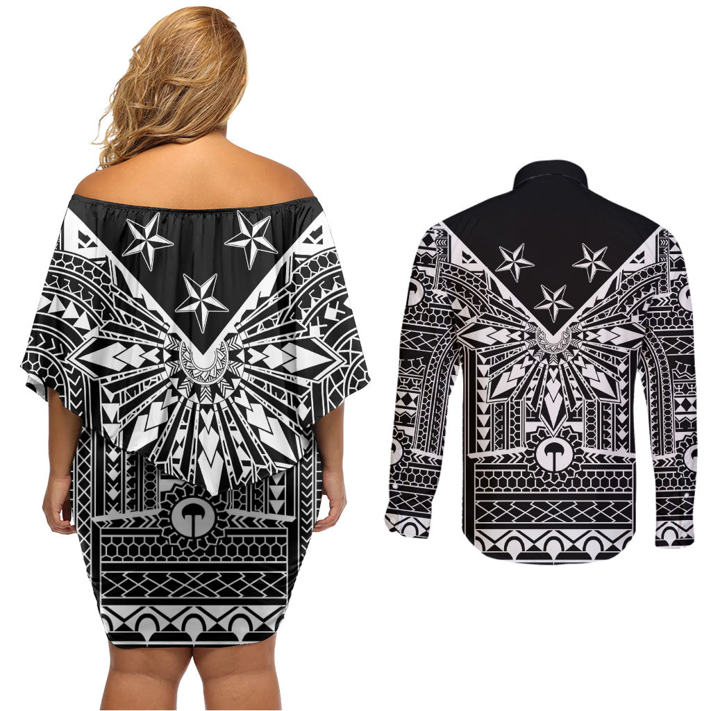 Black Philippines Sun Star Couples Matching Off Shoulder Short Dress and Long Sleeve Button Shirt Igorot Tribal Inspiration LT05 - Polynesian Pride