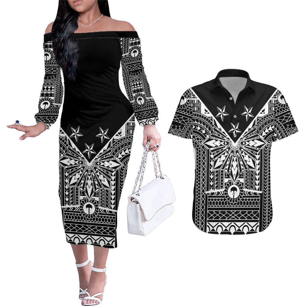 Black Philippines Sun Star Couples Matching Off The Shoulder Long Sleeve Dress and Hawaiian Shirt Igorot Tribal Inspiration