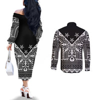 Black Philippines Sun Star Couples Matching Off The Shoulder Long Sleeve Dress and Long Sleeve Button Shirt Igorot Tribal Inspiration