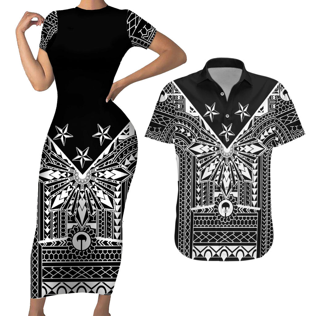 Black Philippines Sun Star Couples Matching Short Sleeve Bodycon Dress and Hawaiian Shirt Igorot Tribal Inspiration