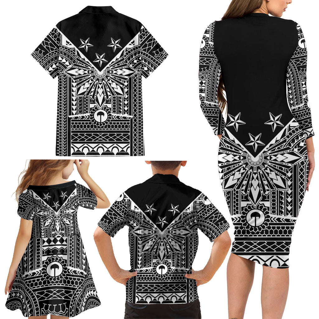 Black Philippines Sun Star Family Matching Long Sleeve Bodycon Dress and Hawaiian Shirt Igorot Tribal Inspiration