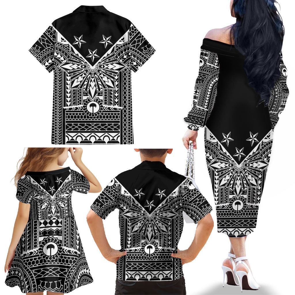 Black Philippines Sun Star Family Matching Off The Shoulder Long Sleeve Dress and Hawaiian Shirt Igorot Tribal Inspiration