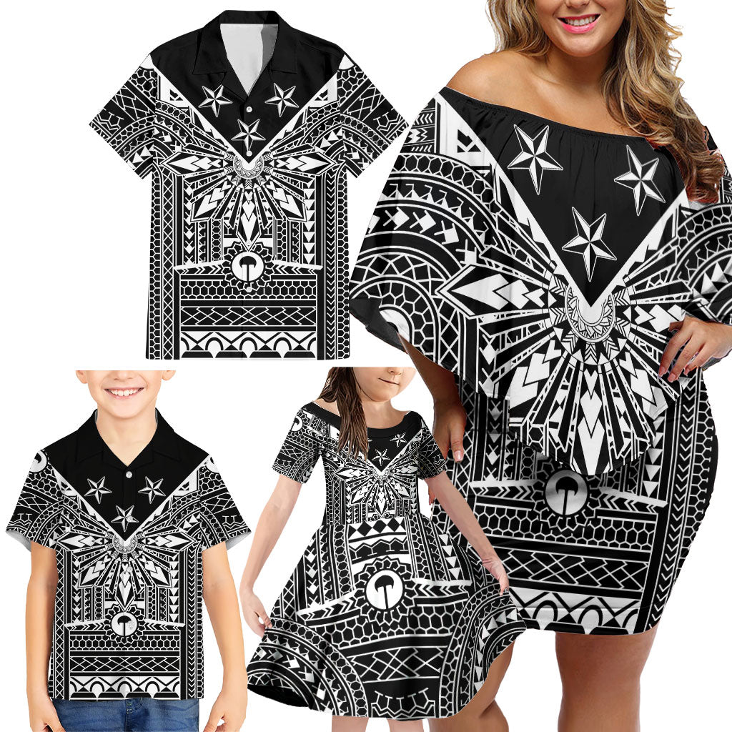 Black Philippines Sun Star Family Matching Off Shoulder Short Dress and Hawaiian Shirt Igorot Tribal Inspiration