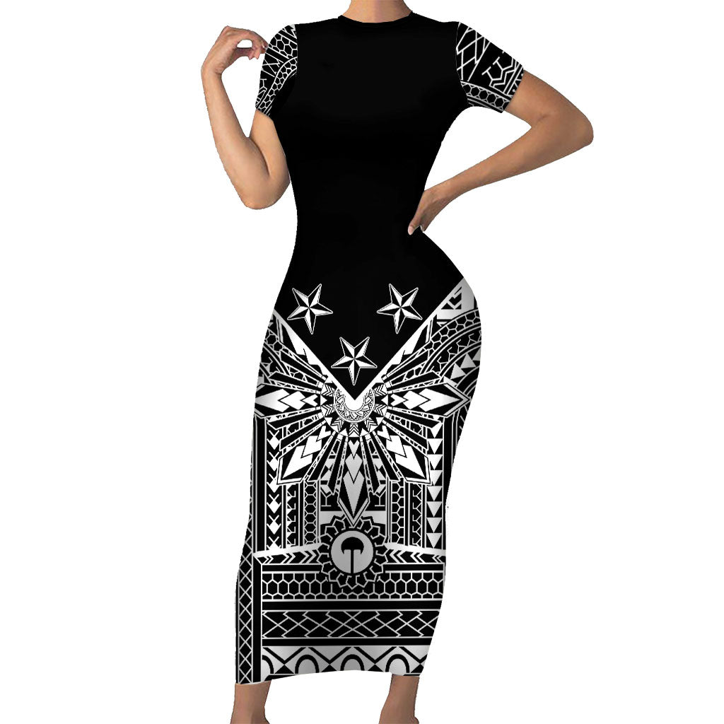 Black Philippines Sun Star Family Matching Short Sleeve Bodycon Dress and Hawaiian Shirt Igorot Tribal Inspiration