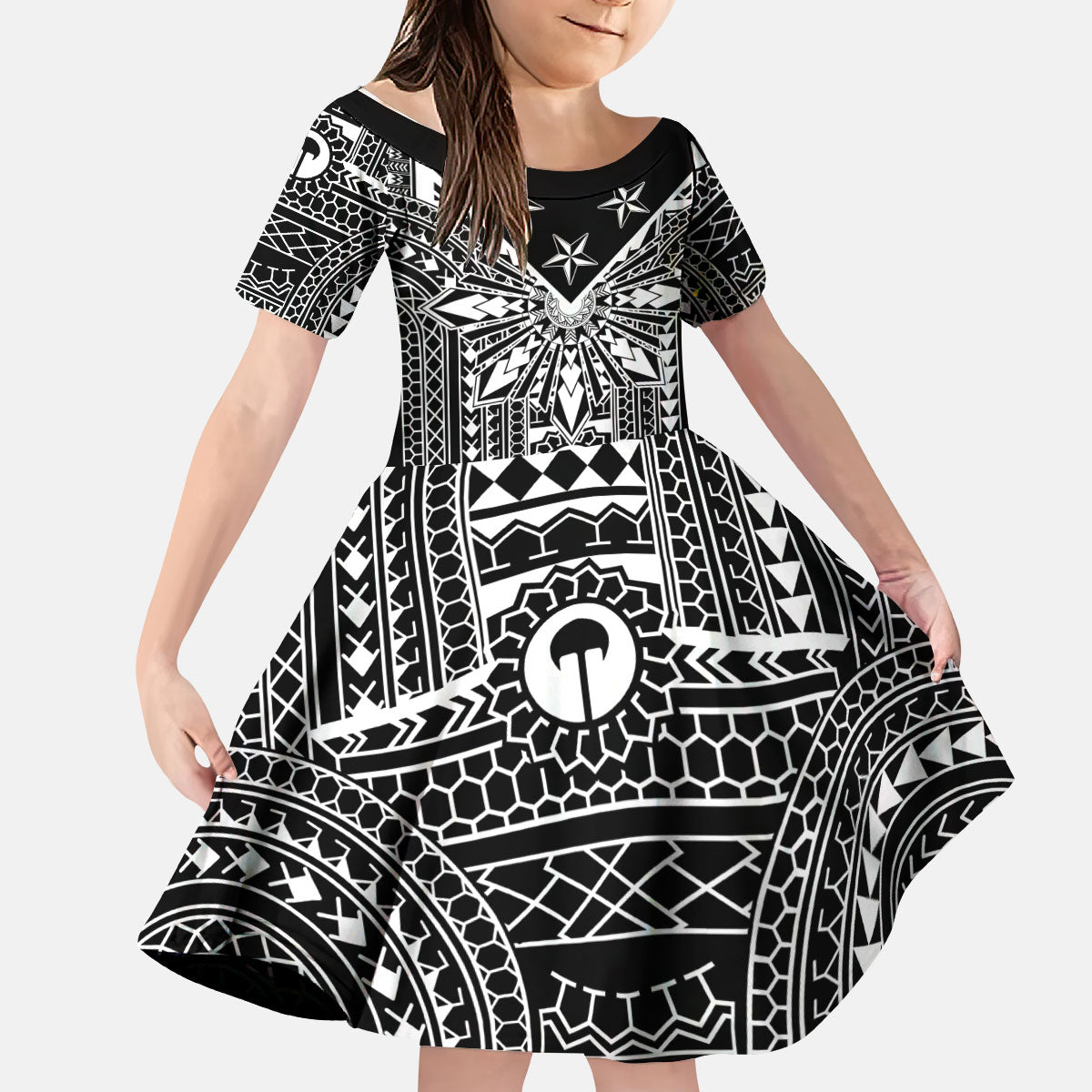 Black Philippines Sun Star Kid Short Sleeve Dress Igorot Tribal Inspiration LT05 KID Black - Polynesian Pride
