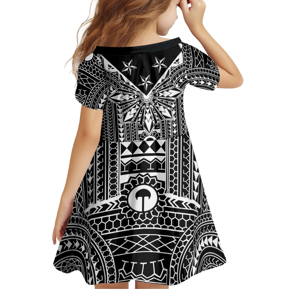 Black Philippines Sun Star Kid Short Sleeve Dress Igorot Tribal Inspiration LT05 - Polynesian Pride