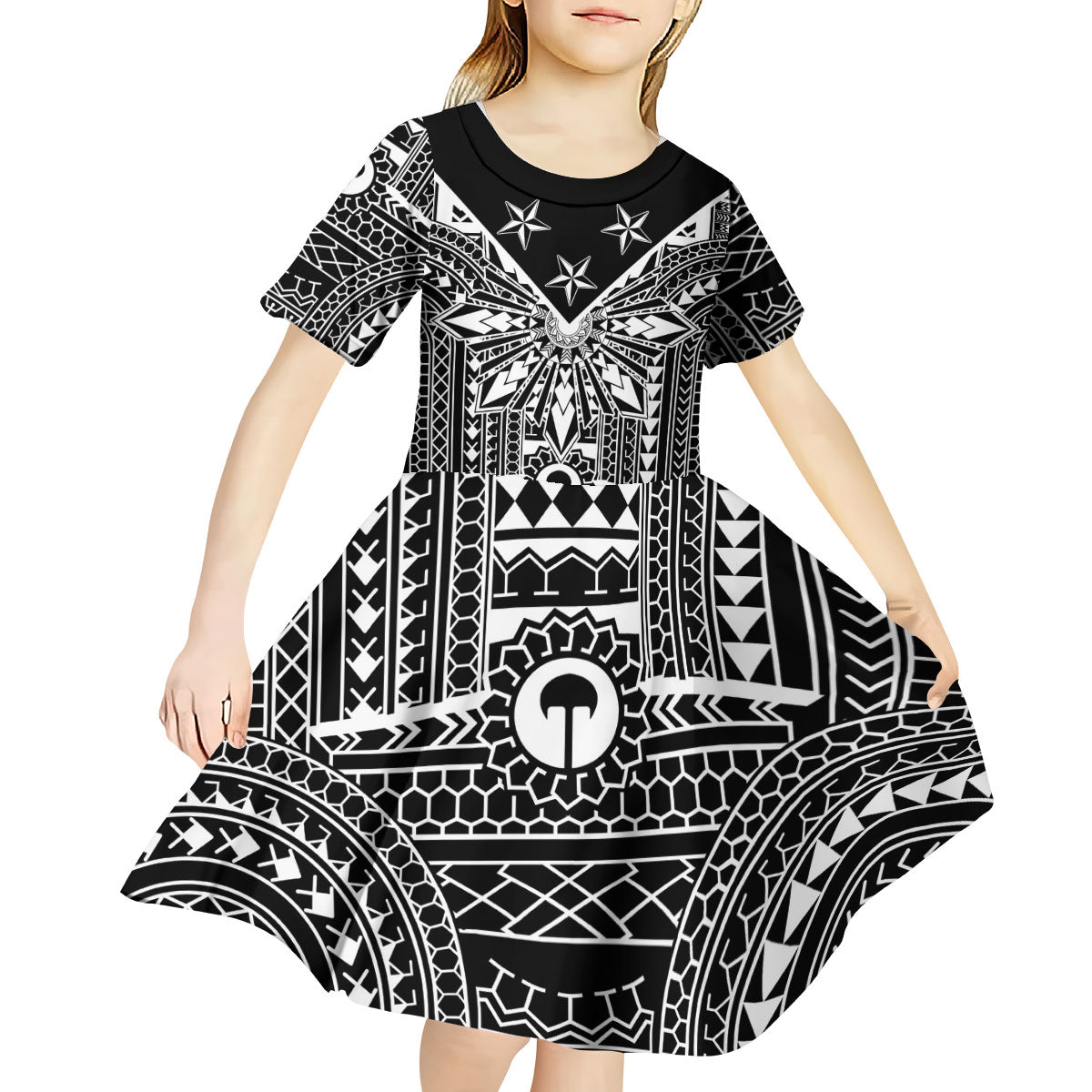 Black Philippines Sun Star Kid Short Sleeve Dress Igorot Tribal Inspiration LT05 - Polynesian Pride
