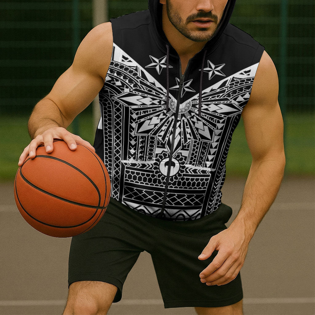 Black Philippines Sun Star Sleeveless Zip Hoodie Igorot Tribal Inspiration