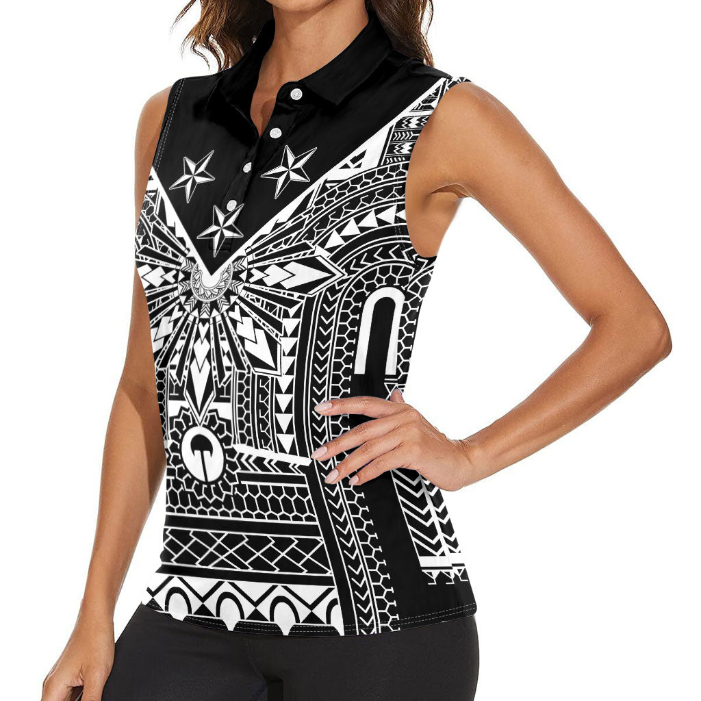 Black Philippines Sun Star Women Sleeveless Polo Shirt Igorot Tribal Inspiration LT05 - Polynesian Pride