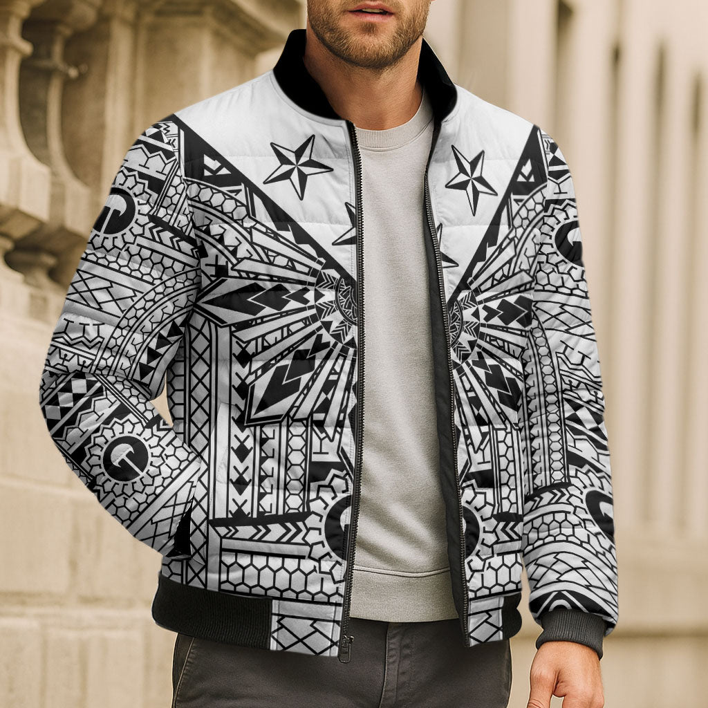 White Philippines Sun Star Bomber Puffer Jacket Igorot Tribal Inspiration
