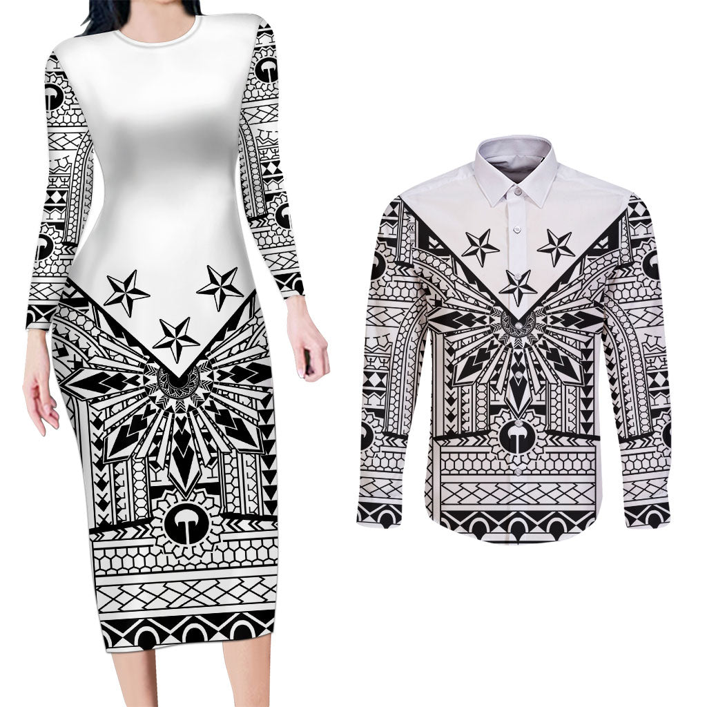 White Philippines Sun Star Couples Matching Long Sleeve Bodycon Dress and Long Sleeve Button Shirt Igorot Tribal Inspiration