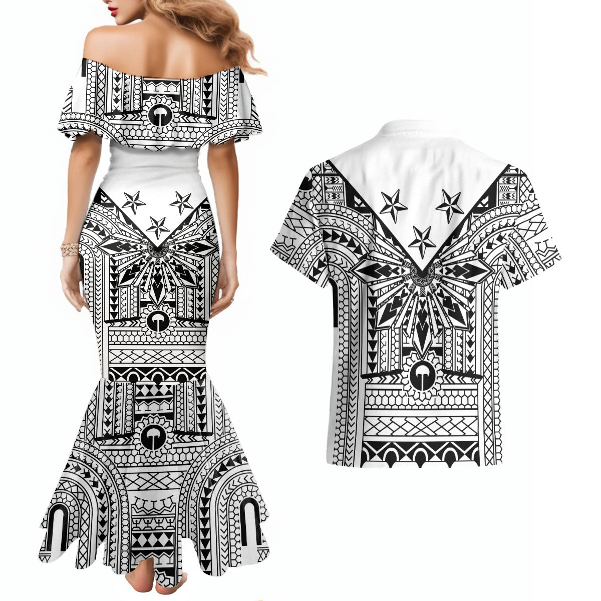 White Philippines Sun Star Couples Matching Mermaid Dress and Hawaiian Shirt Igorot Tribal Inspiration