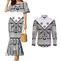 White Philippines Sun Star Couples Matching Mermaid Dress and Long Sleeve Button Shirt Igorot Tribal Inspiration