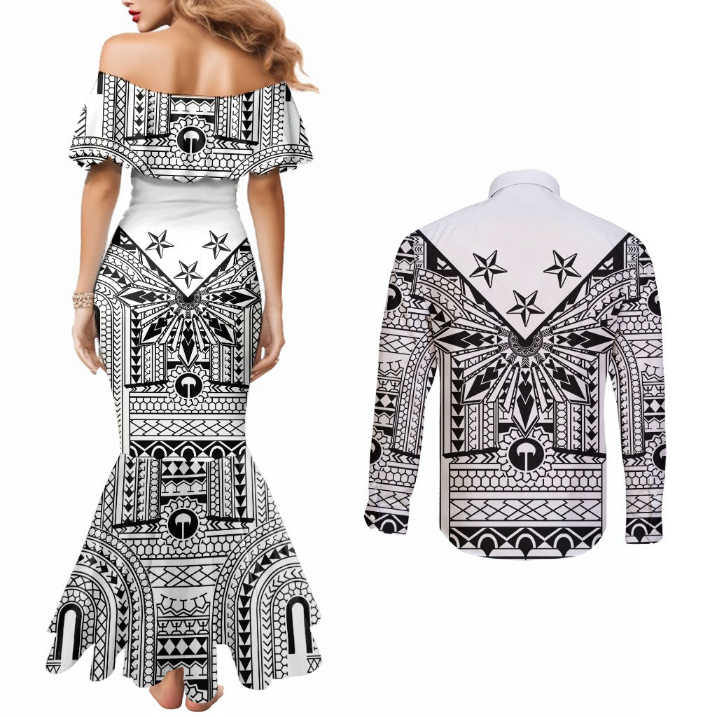 White Philippines Sun Star Couples Matching Mermaid Dress and Long Sleeve Button Shirt Igorot Tribal Inspiration
