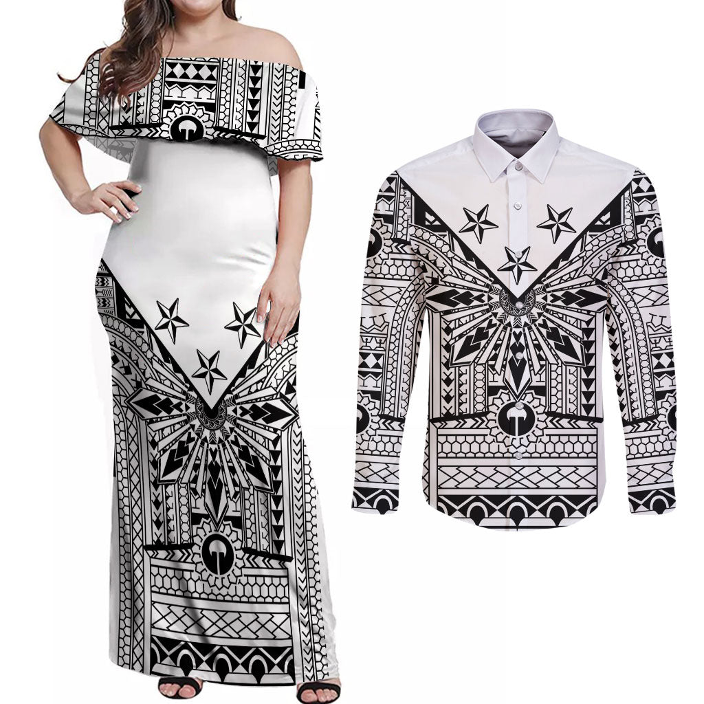 White Philippines Sun Star Couples Matching Off Shoulder Maxi Dress and Long Sleeve Button Shirt Igorot Tribal Inspiration