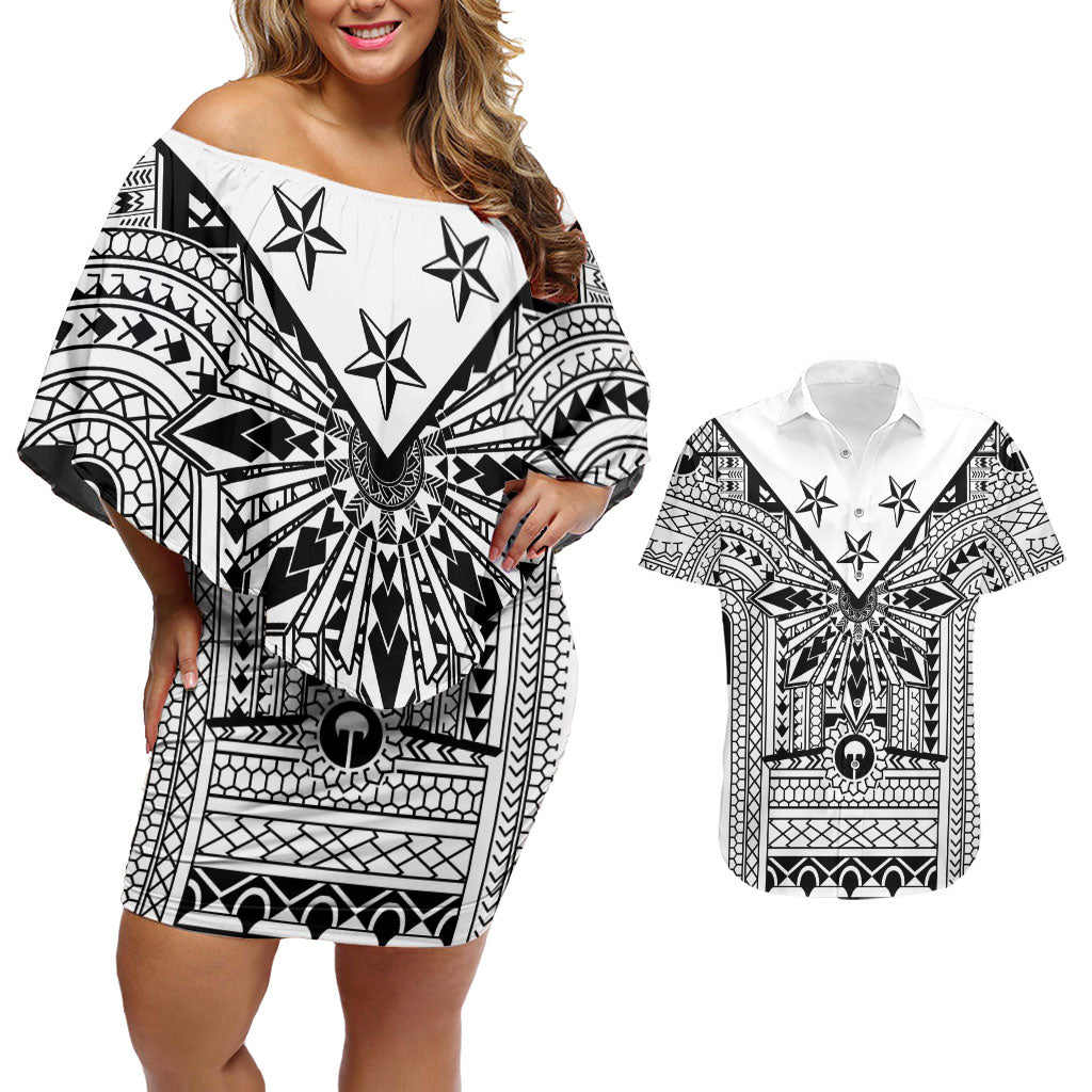 White Philippines Sun Star Couples Matching Off Shoulder Short Dress and Hawaiian Shirt Igorot Tribal Inspiration