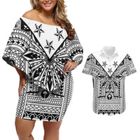 White Philippines Sun Star Couples Matching Off Shoulder Short Dress and Hawaiian Shirt Igorot Tribal Inspiration