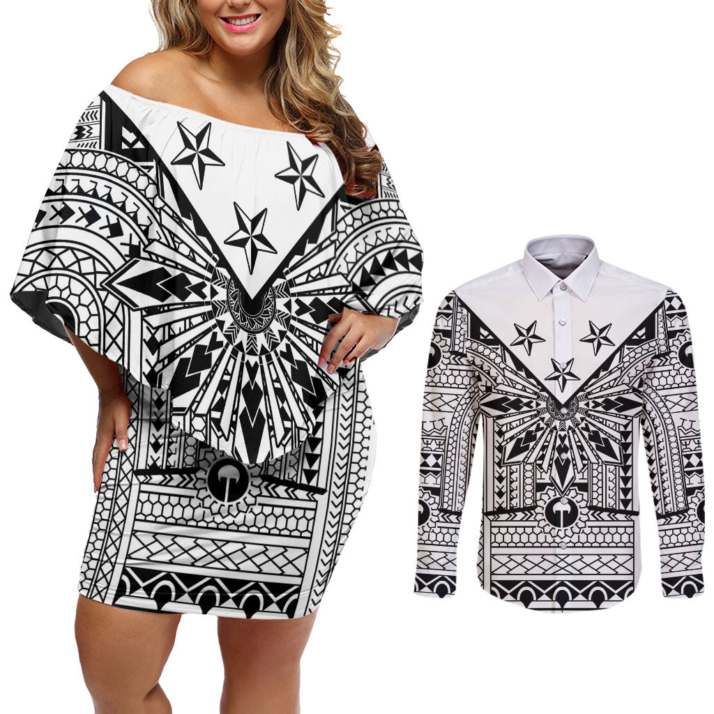 White Philippines Sun Star Couples Matching Off Shoulder Short Dress and Long Sleeve Button Shirt Igorot Tribal Inspiration LT05 White - Polynesian Pride