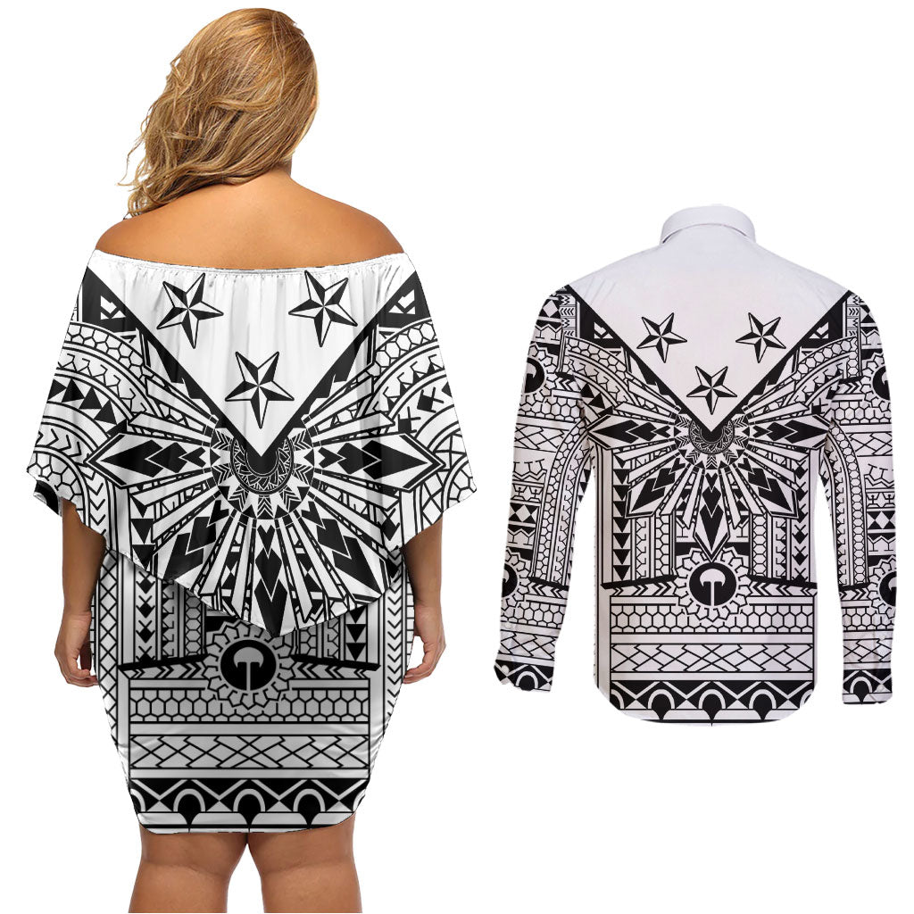 White Philippines Sun Star Couples Matching Off Shoulder Short Dress and Long Sleeve Button Shirt Igorot Tribal Inspiration LT05 - Polynesian Pride