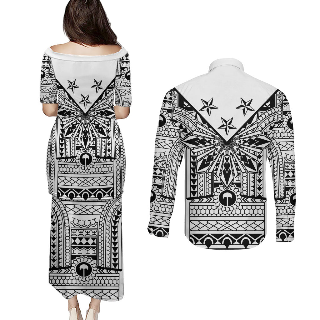 White Philippines Sun Star Couples Matching Puletasi and Long Sleeve Button Shirt Igorot Tribal Inspiration