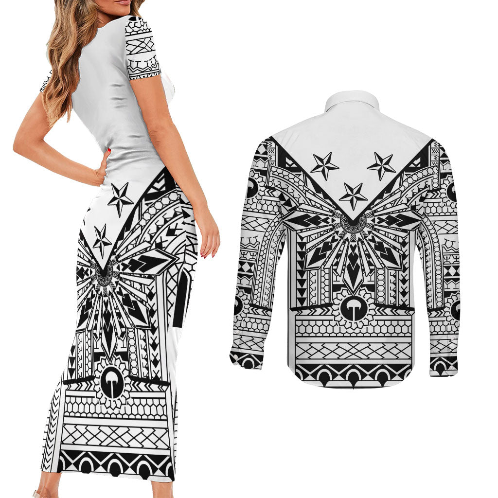 White Philippines Sun Star Couples Matching Short Sleeve Bodycon Dress and Long Sleeve Button Shirt Igorot Tribal Inspiration