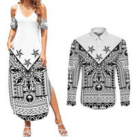 White Philippines Sun Star Couples Matching Summer Maxi Dress and Long Sleeve Button Shirt Igorot Tribal Inspiration