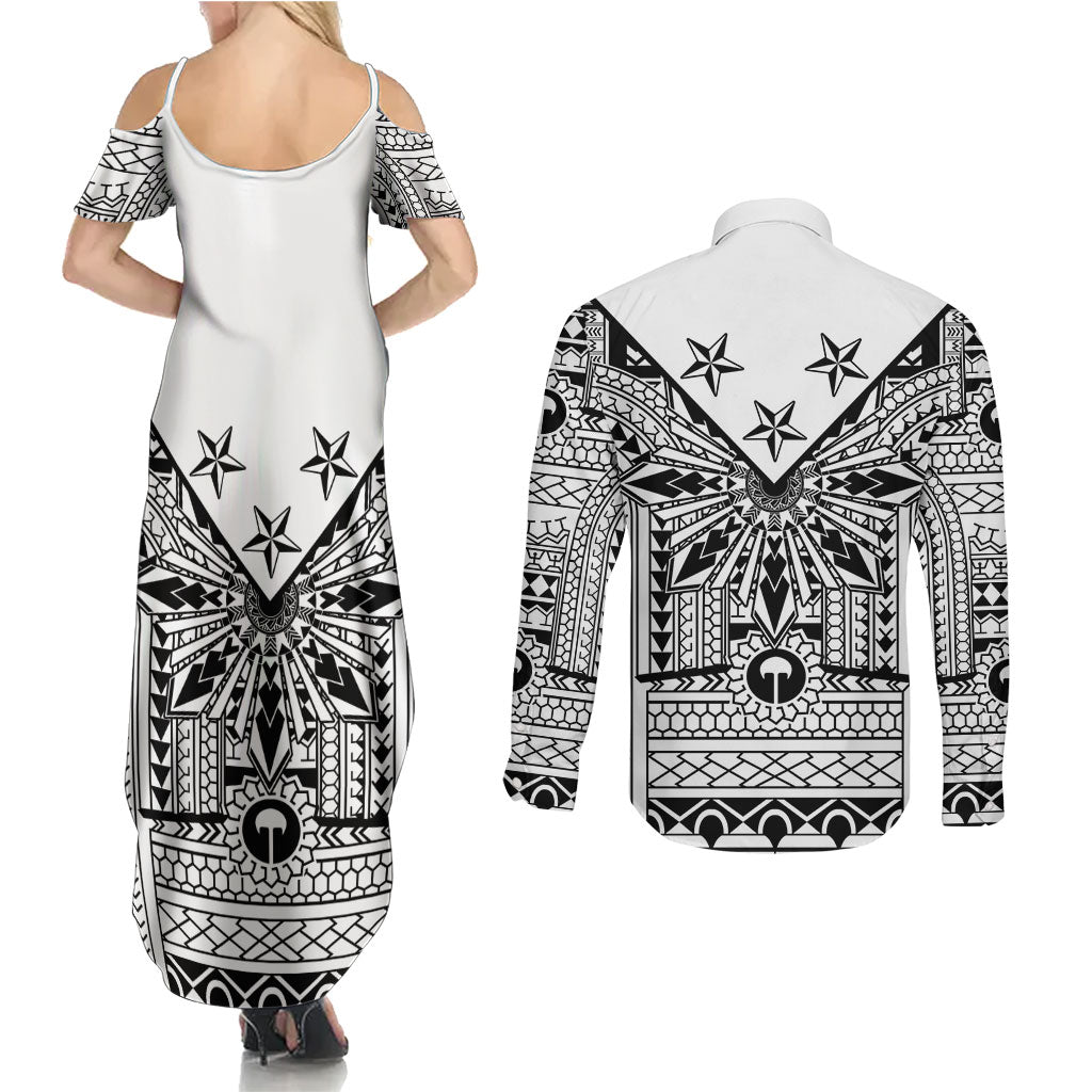 White Philippines Sun Star Couples Matching Summer Maxi Dress and Long Sleeve Button Shirt Igorot Tribal Inspiration
