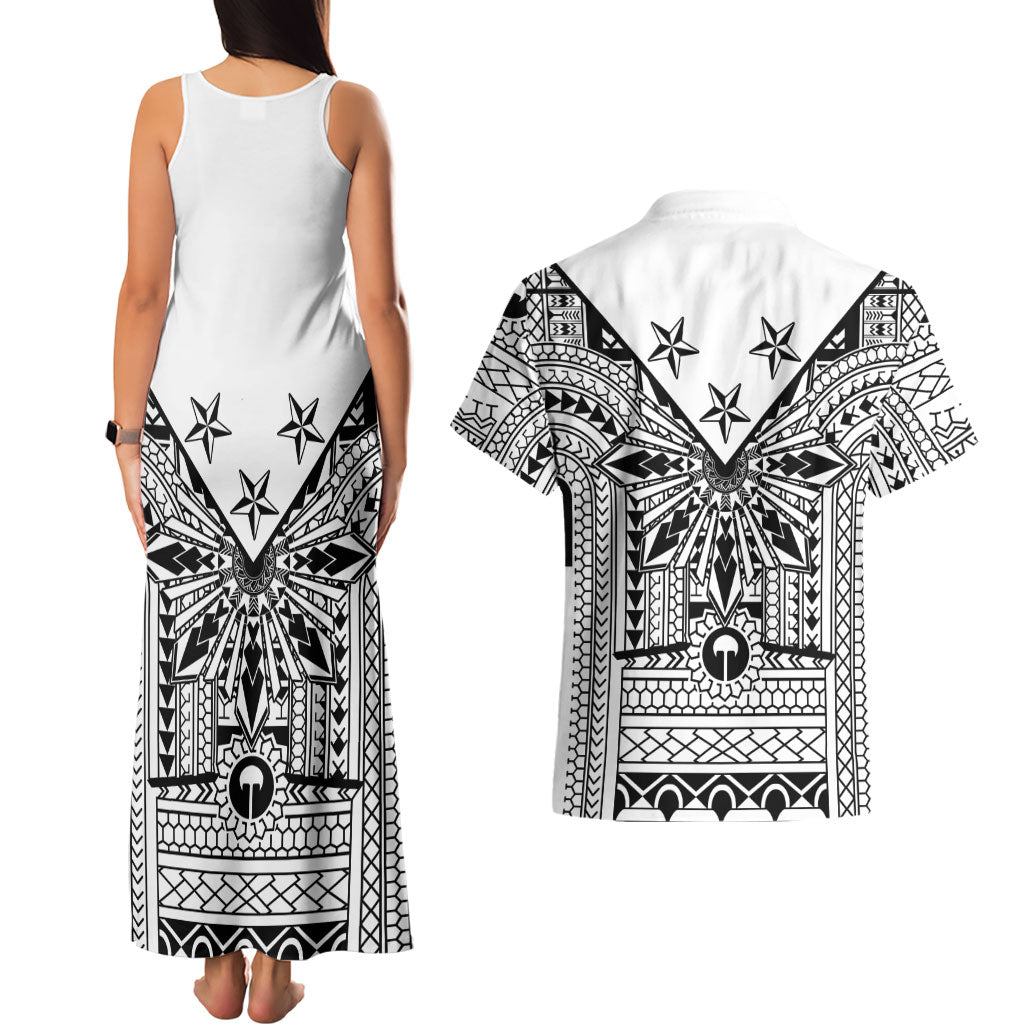 White Philippines Sun Star Couples Matching Tank Maxi Dress and Hawaiian Shirt Igorot Tribal Inspiration