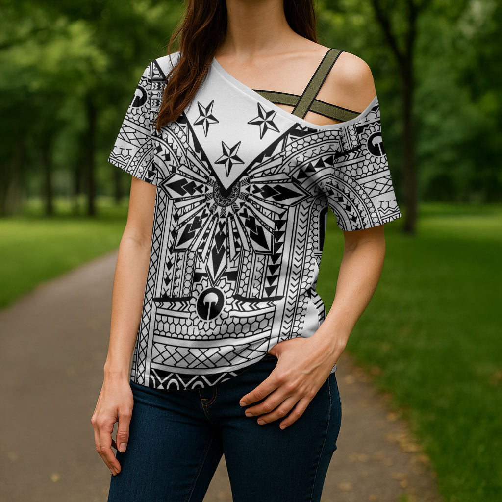 White Philippines Sun Star Cross Shoulder Shirt Igorot Tribal Inspiration
