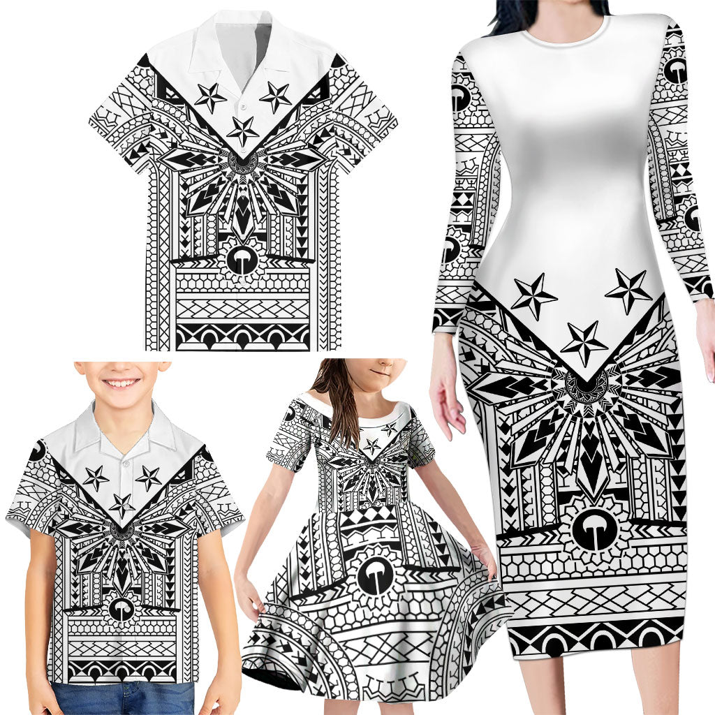 White Philippines Sun Star Family Matching Long Sleeve Bodycon Dress and Hawaiian Shirt Igorot Tribal Inspiration