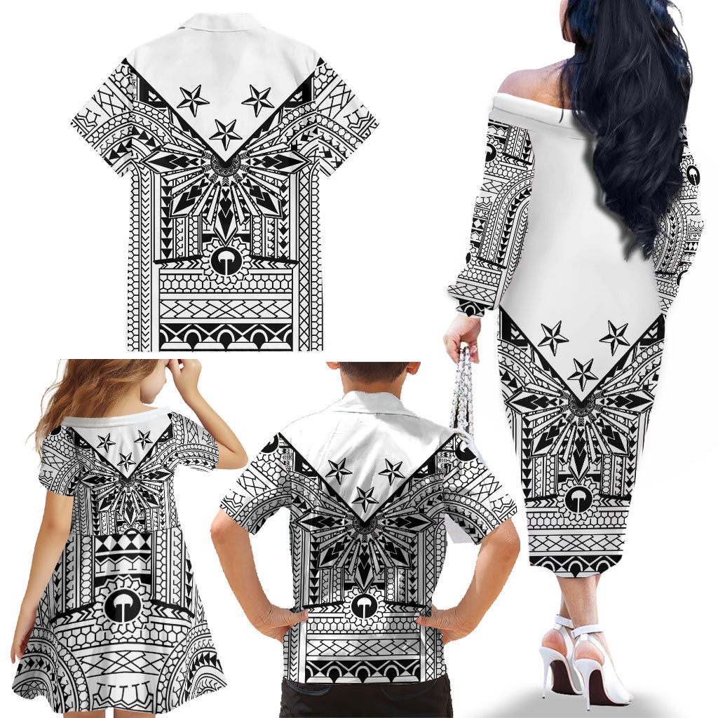 White Philippines Sun Star Family Matching Off The Shoulder Long Sleeve Dress and Hawaiian Shirt Igorot Tribal Inspiration