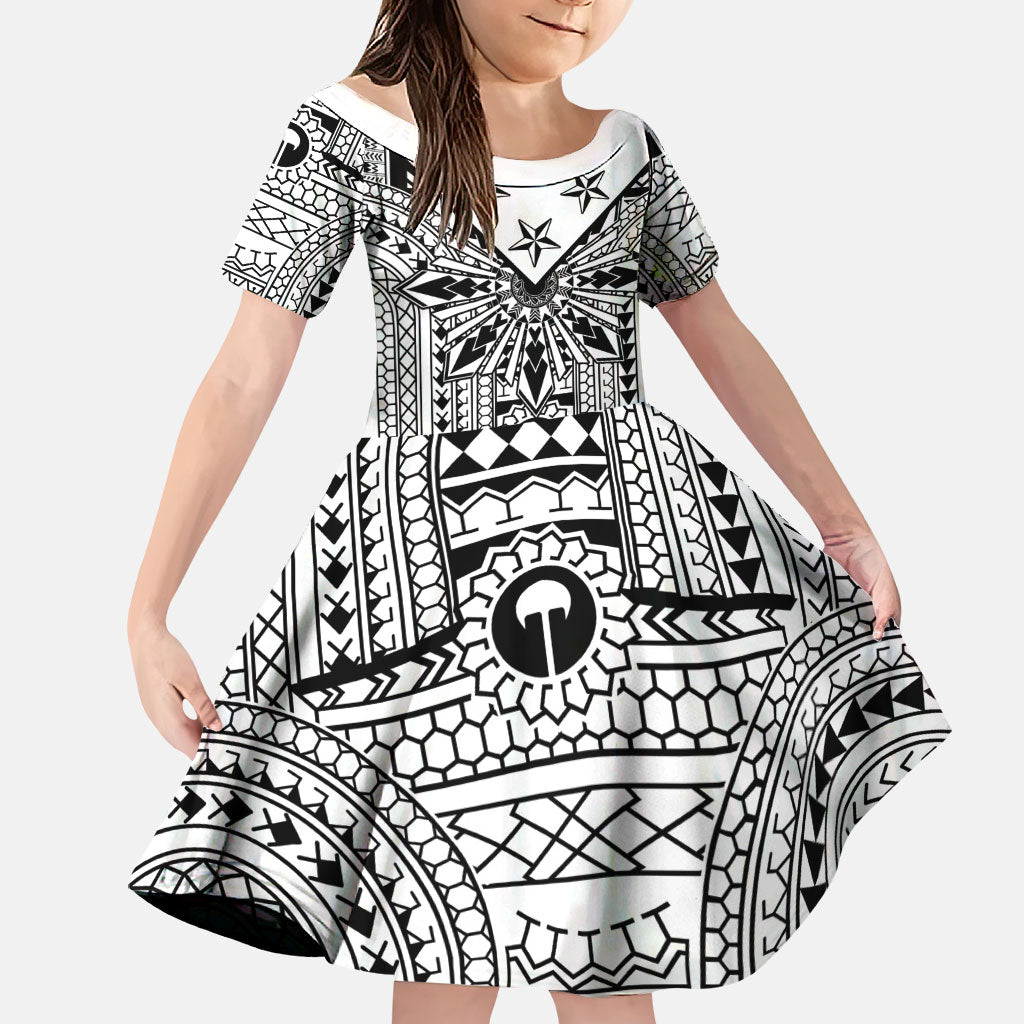 White Philippines Sun Star Family Matching Off Shoulder Short Dress and Hawaiian Shirt Igorot Tribal Inspiration