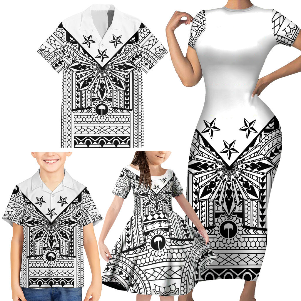 White Philippines Sun Star Family Matching Short Sleeve Bodycon Dress and Hawaiian Shirt Igorot Tribal Inspiration