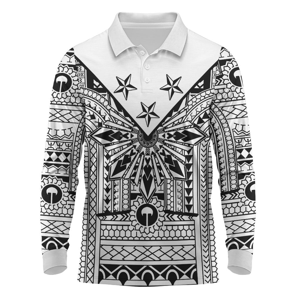 White Philippines Sun Star Long Sleeve Polo Shirt Igorot Tribal Inspiration