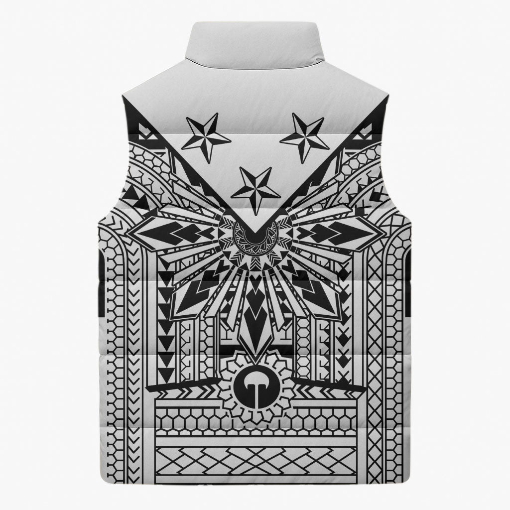 White Philippines Sun Star Sleeveless Puffer Jacket Igorot Tribal Inspiration