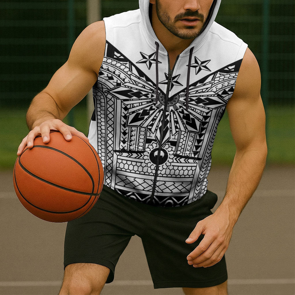 White Philippines Sun Star Sleeveless Zip Hoodie Igorot Tribal Inspiration LT05 - Polynesian Pride
