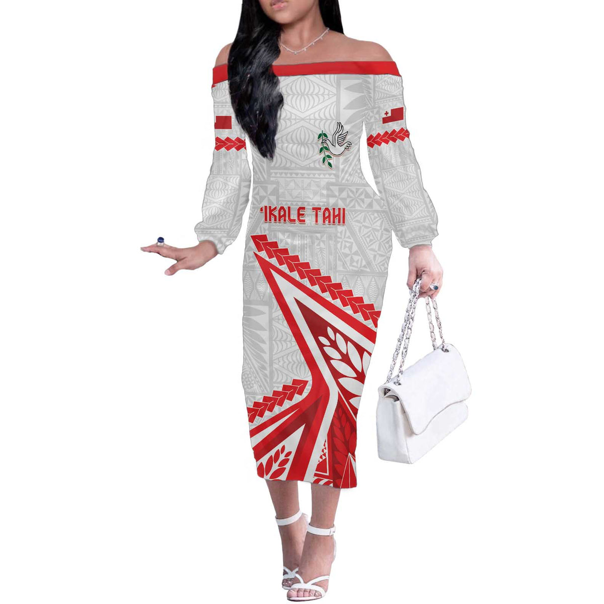 Custom Tonga Rugby 2024 Pacific Off The Shoulder Long Sleeve Dress Go Ikale Tahi LT05 Women White - Polynesian Pride