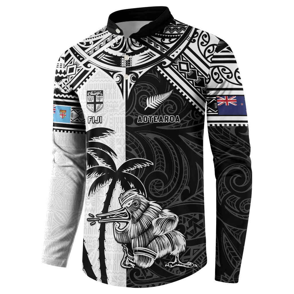 Custom New Zealand And Fiji Rugby 2024 Button Sweatshirt Maori Kiwi With Fijian Palm Tree