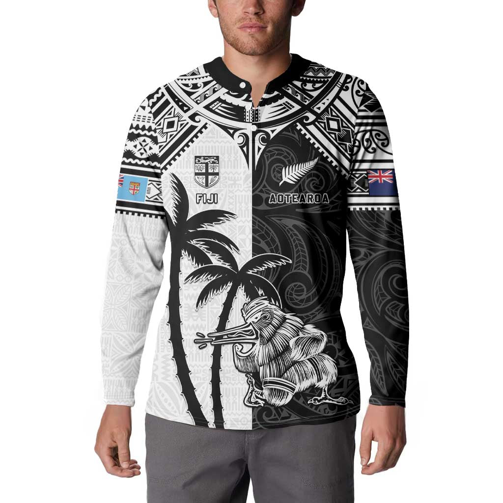 Custom New Zealand And Fiji Rugby 2024 Button Sweatshirt Maori Kiwi With Fijian Palm Tree