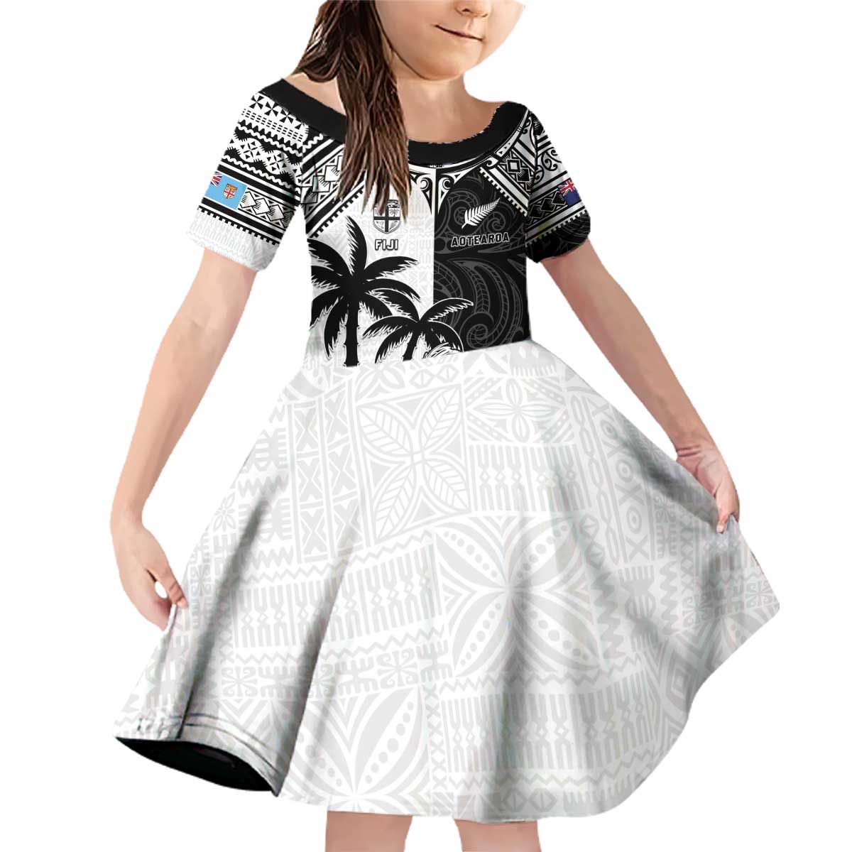 Custom New Zealand And Fiji Rugby 2024 Family Matching Off Shoulder Short Dress and Hawaiian Shirt Maori Kiwi With Fijian Palm Tree