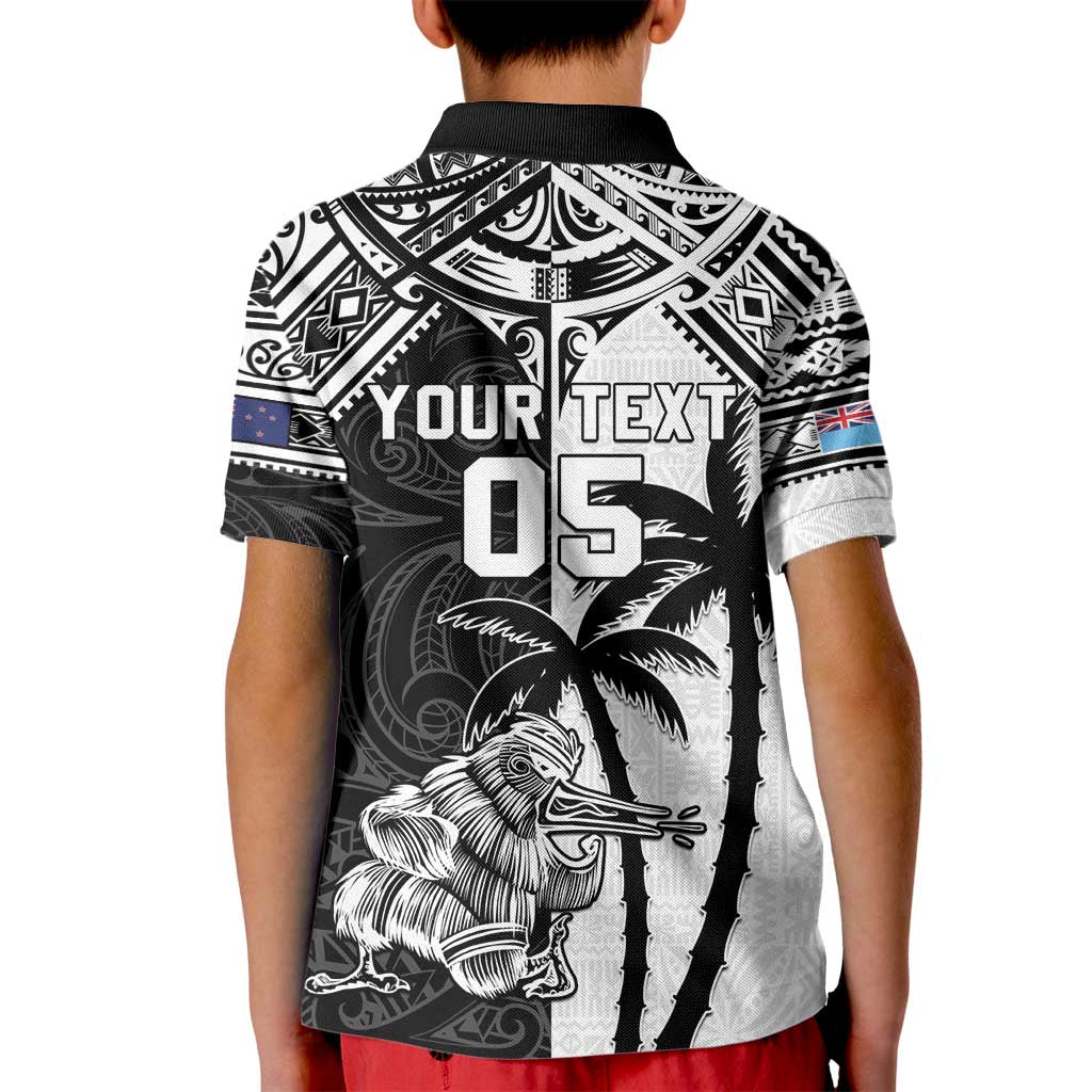 Custom New Zealand And Fiji Rugby 2024 Kid Polo Shirt Maori Kiwi With Fijian Palm Tree