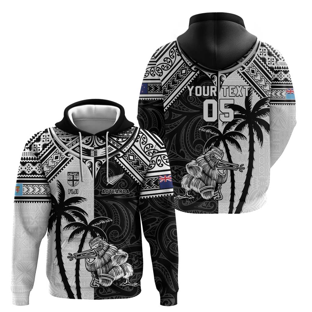 Custom New Zealand And Fiji Rugby 2024 Zip Hoodie Maori Kiwi With Fijian Palm Tree