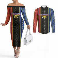Personalised Philippines Filipinos Couples Matching Off The Shoulder Long Sleeve Dress and Long Sleeve Button Shirt Igorot Tribal Inspiration Pattern Style LT05 Black - Polynesian Pride
