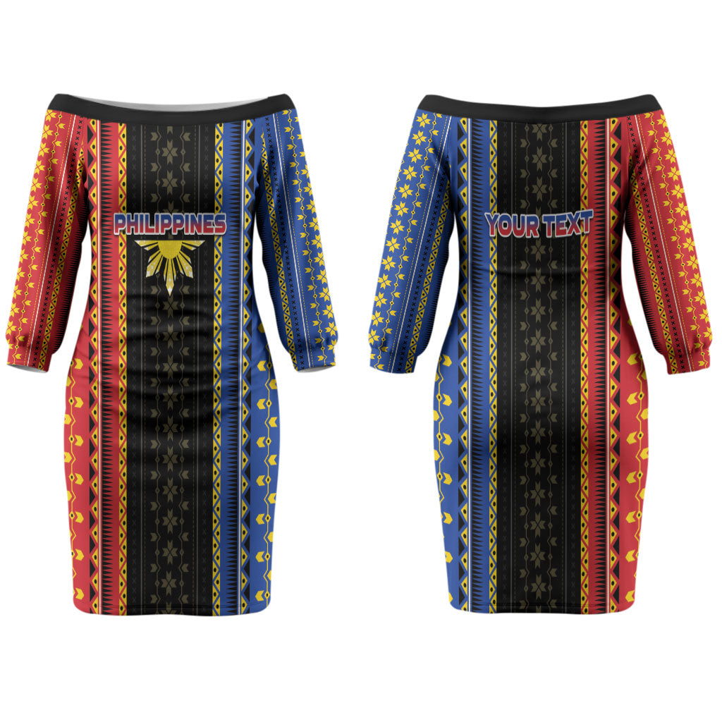 Personalised Philippines Filipinos Couples Matching Off The Shoulder Long Sleeve Dress and Long Sleeve Button Shirt Igorot Tribal Inspiration Pattern Style LT05 - Polynesian Pride