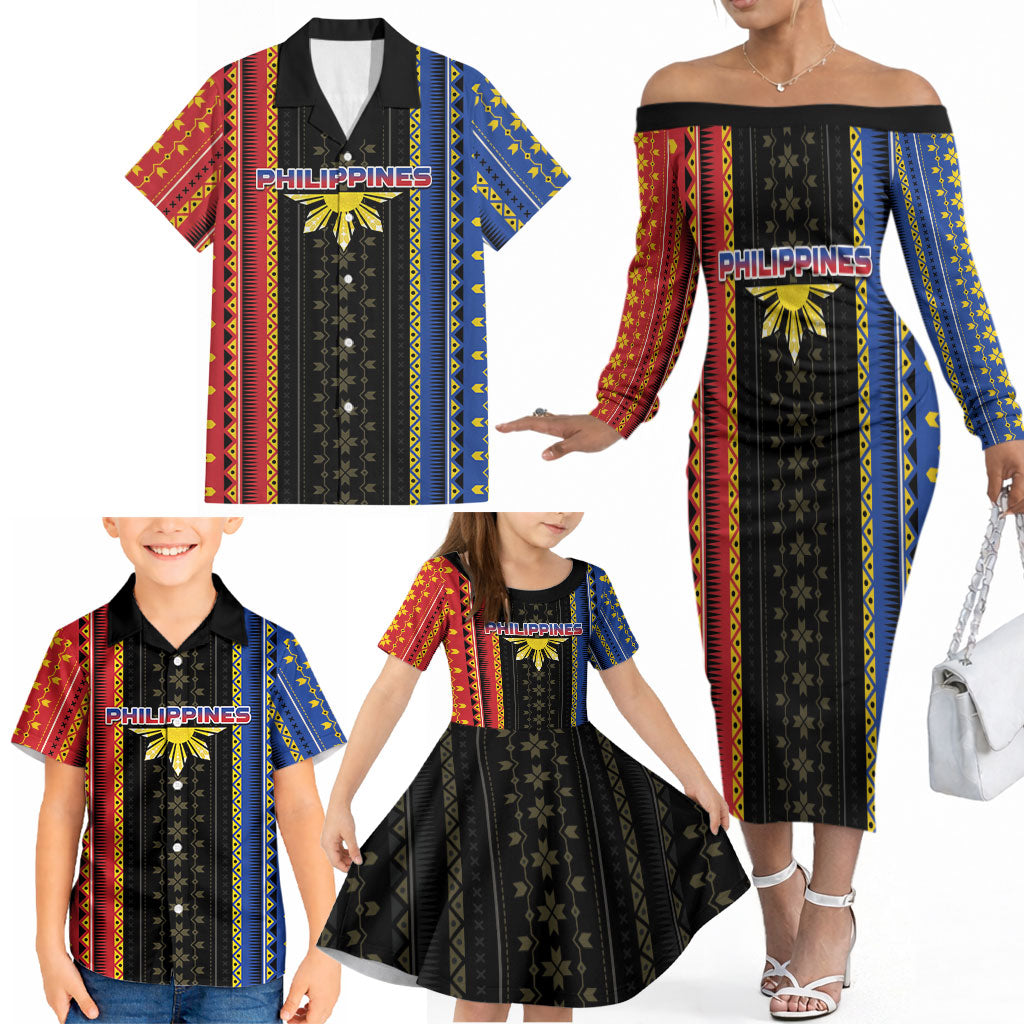 Personalised Philippines Filipinos Family Matching Off The Shoulder Long Sleeve Dress and Hawaiian Shirt Igorot Tribal Inspiration Pattern Style LT05 - Polynesian Pride