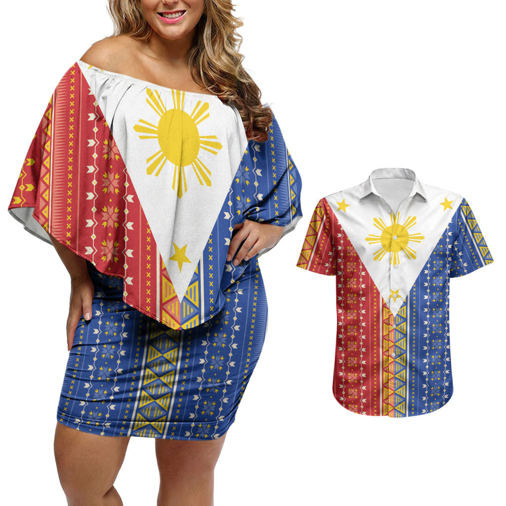 Philippines Sun Couples Matching Off Shoulder Short Dress and Hawaiian Shirt Igorot Tribal Inspiration LT05 Colorful - Polynesian Pride