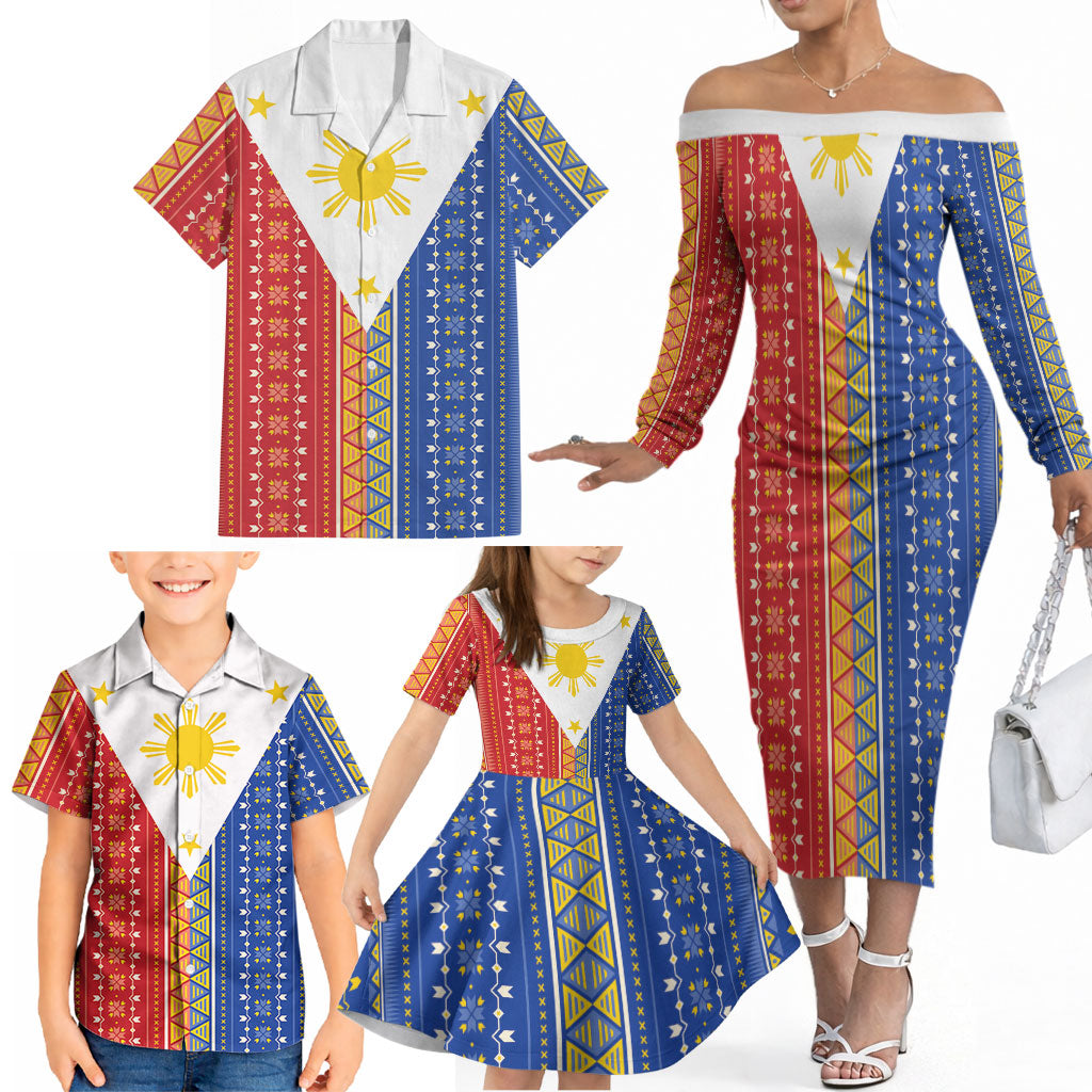 Philippines Sun Family Matching Off The Shoulder Long Sleeve Dress and Hawaiian Shirt Igorot Tribal Inspiration